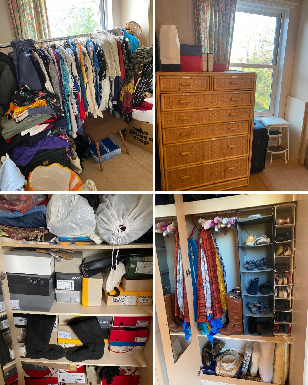 Before and after wardrobe organisation - cluttered bedroom transformed with shoe storage and organised hanging space