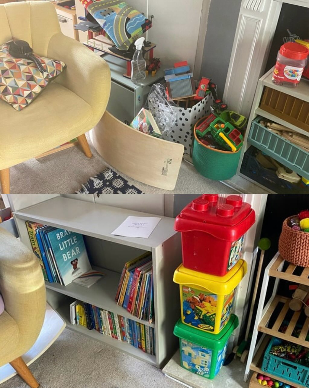 Before and after playroom organisation with neatly arranged books and toy storage
