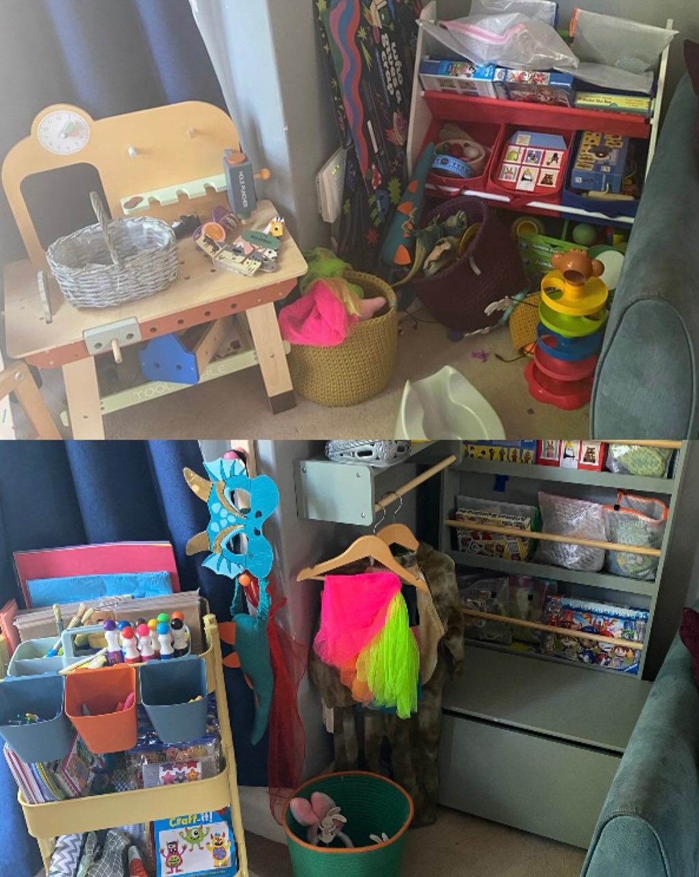Before and after children's playroom organisation - toys sorted into labelled baskets and craft trolley
