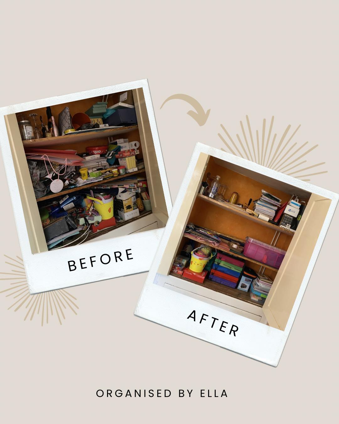 Before and after home organisation by Ella - cluttered shelf transformed into neatly organised storage